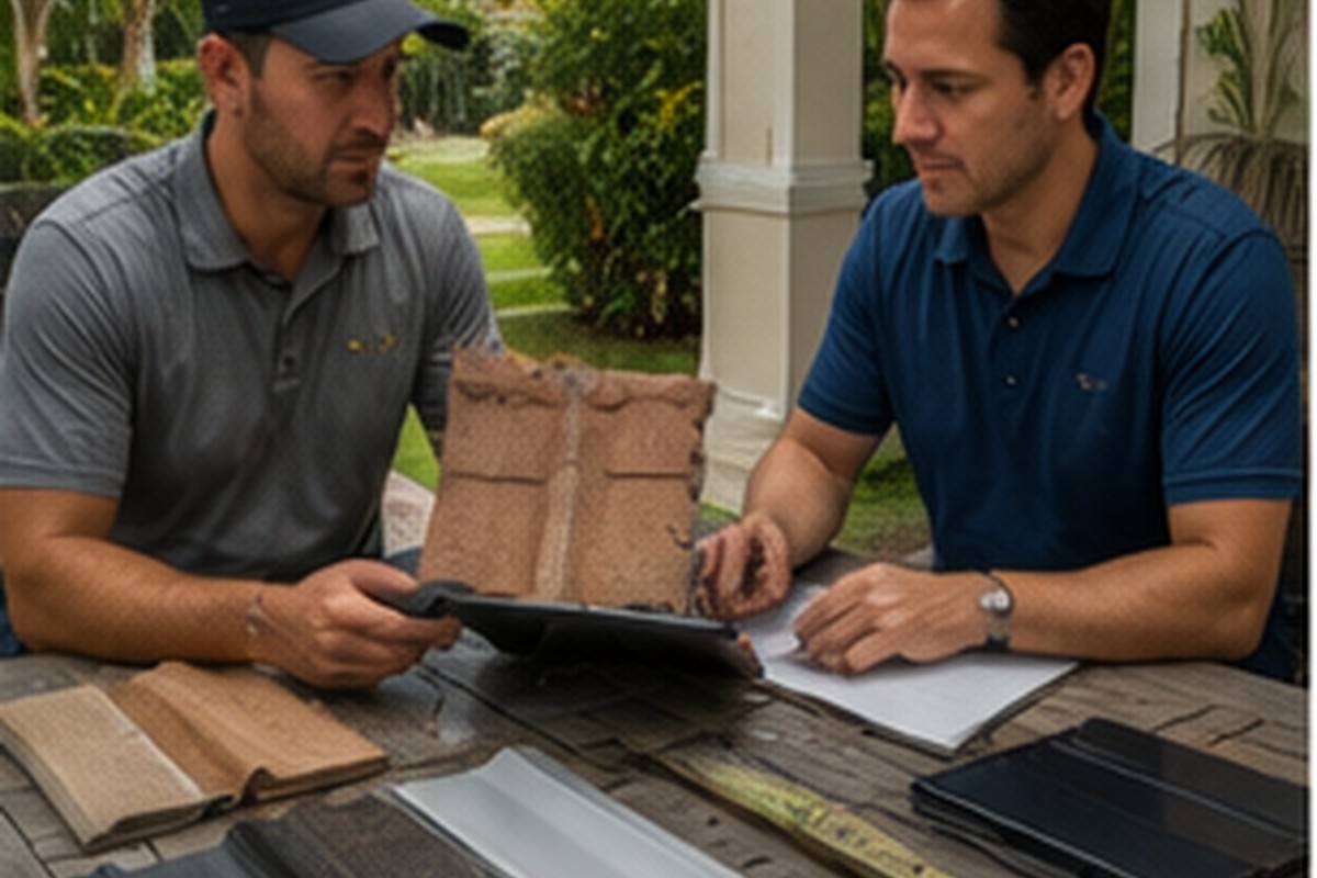 Contractor discussing roofing materials and plans with a homeowner